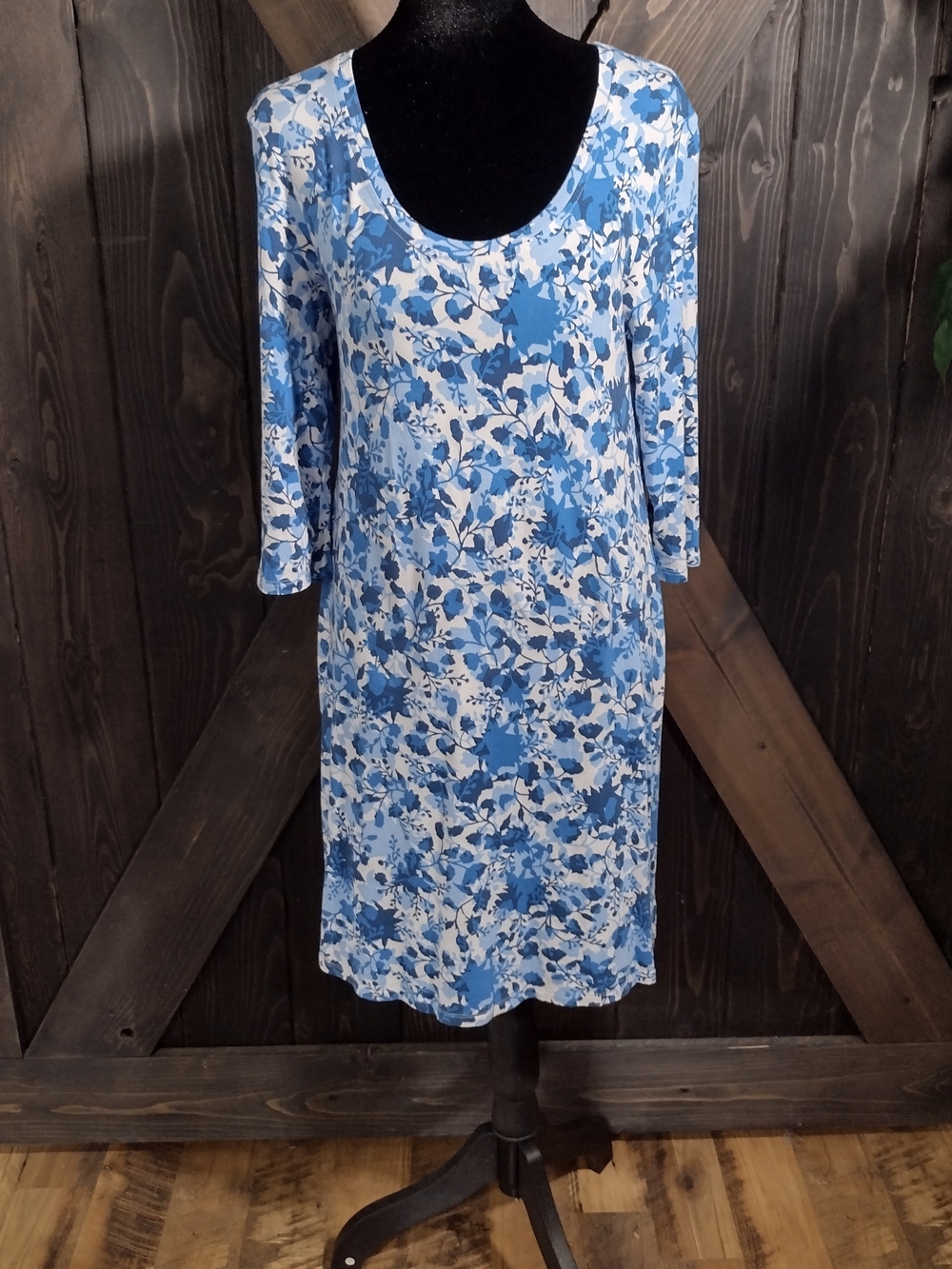 Blue Floral Scoop-Neck Women's Dress